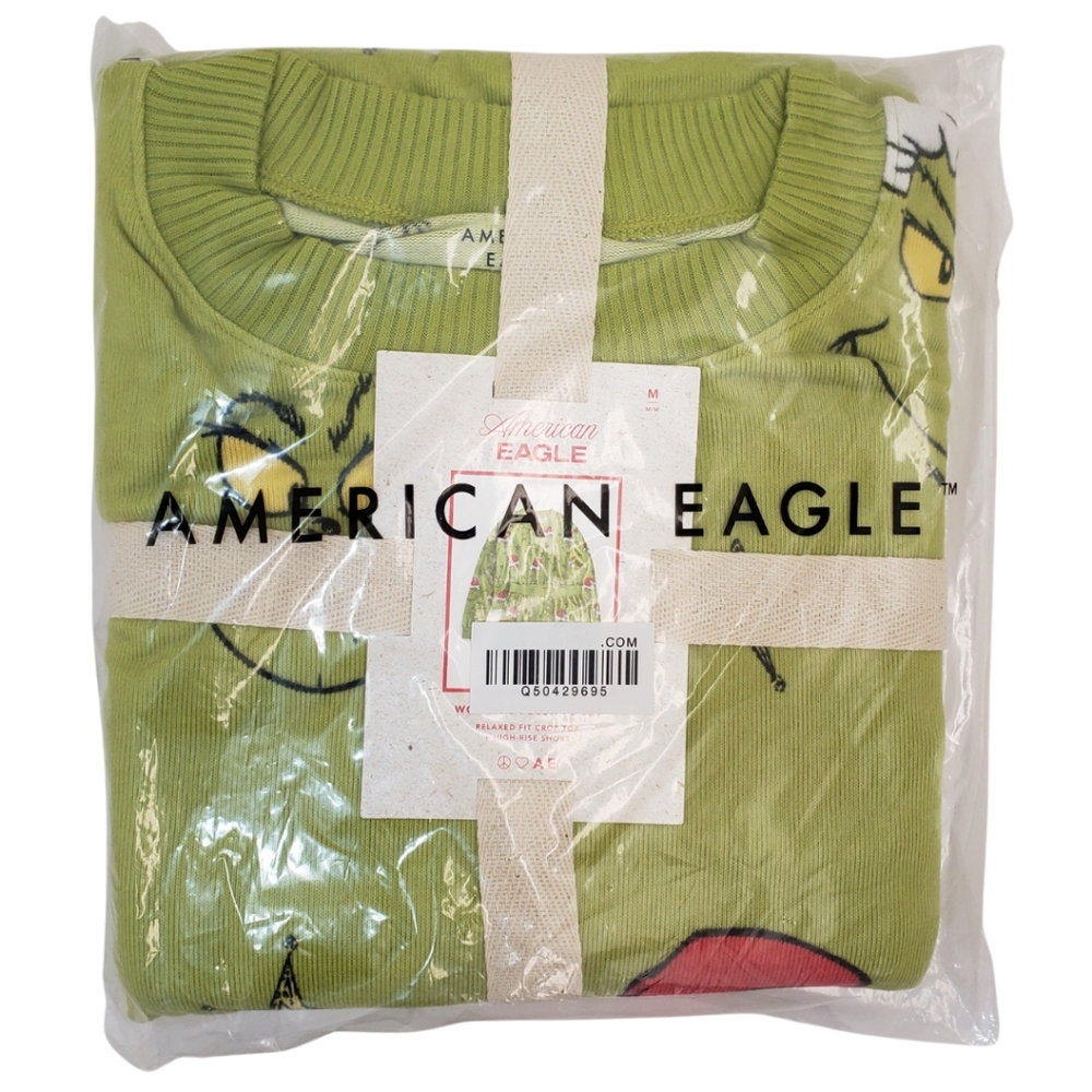 AMERICAN EAGLE Grinch Long Sleeve Shirt & Shorts Plush Pajama Set NWT